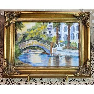 Signed J. Allen Watercolor on Canvas Painting Gold Ornate Frame Canal w/ Bridge